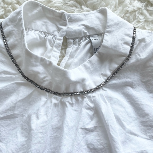 ZARA White Poplin Rhinestone Collar Blouse - Picture 4 of 6